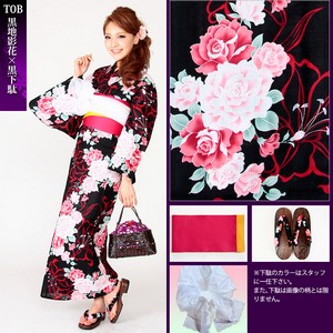 愛姫☆恋心SWEET浴衣4点セットT0B(黒地影花×黒下駄)